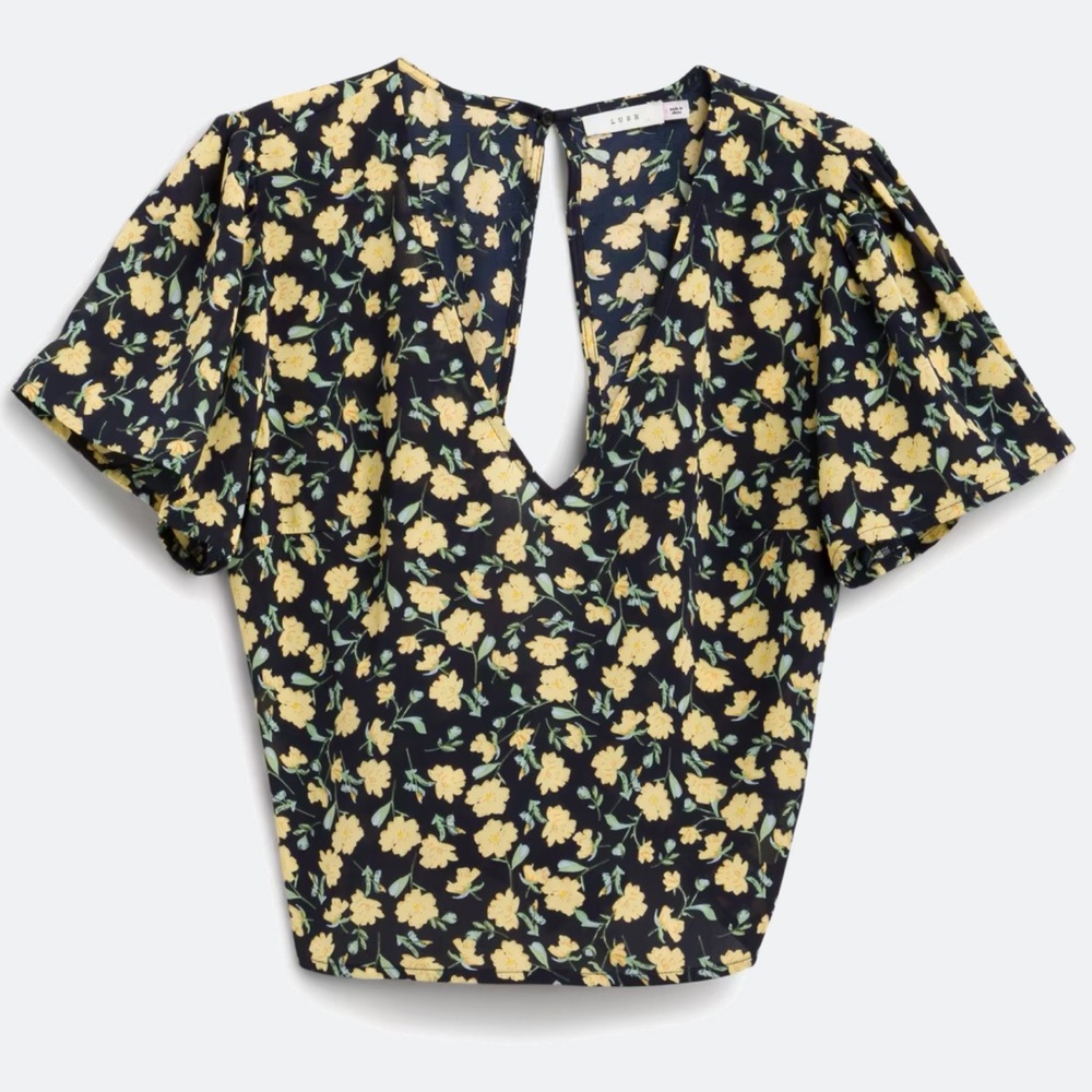 Lush Navy and Yellow Floral Tie-Front Blouse